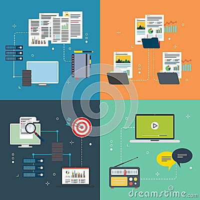 Connection, backup, report, sharing, communication and computer icons Vector Illustration