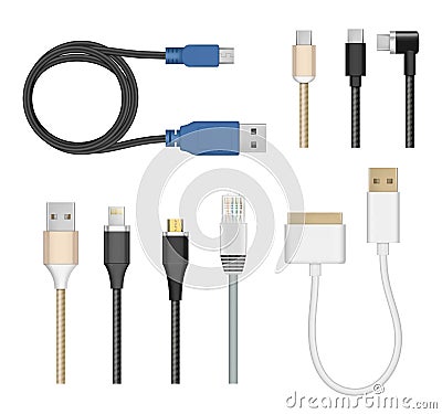 Connection cables. Computer and mobile devices charging cord electric cable plugs usb pc vector realistic collection Vector Illustration