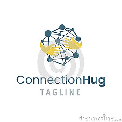 Connection hug logo template. Vector illustration of creative emblem with concept of friendship, teamwork, people Vector Illustration