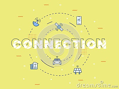 Connection iot internet of things concept with big text on center and icon spread around with modern flat style Cartoon Illustration