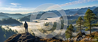 Connection with Nature concept: Scout looking over a misty valley, framed by mountains and blue skies Stock Photo
