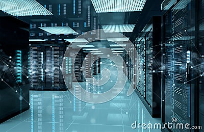 Connection network in servers data center room storage systems 3D rendering Stock Photo