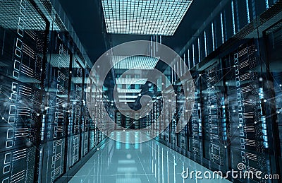 Connection network in servers data center room storage systems 3D rendering Stock Photo