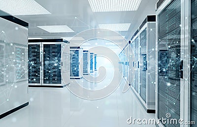 Connection network in servers data center room storage systems 3D rendering Stock Photo