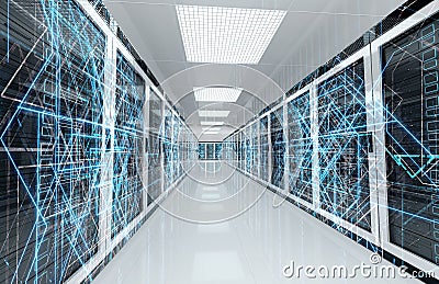 Connection network in servers data center room storage systems 3D rendering Stock Photo