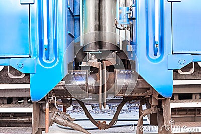 Connection between passenger cars train on the railway, close up. Buffer automatic coupling Stock Photo