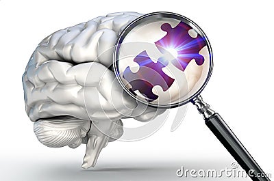 Connection puzzle piece on magnifying glass and human brain Stock Photo
