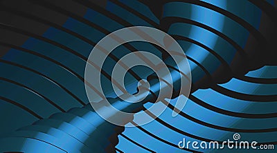 Connection of round stepped blue parts on a striped ledged background. A swirling, dark metal spiral consisting of two connected Stock Photo
