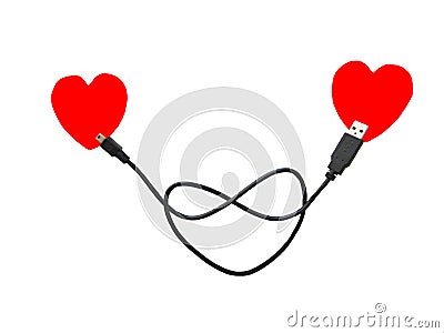 The connection of two hearts via a USB cable. Loving hearts on the cable. Stock Photo