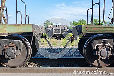 Connection of two railway wagons at the station during parking Stock Photo