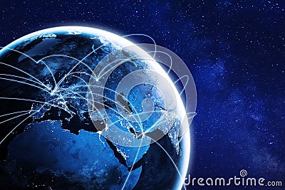 Connections around planet Earth viewed from space at night, cities connected around the globe by shiny lines, international travel Stock Photo