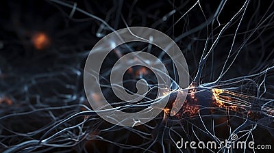 Connections explosion: brain neural network in 3D. Journey in 3D through the complexity of the neural network. Stock Photo