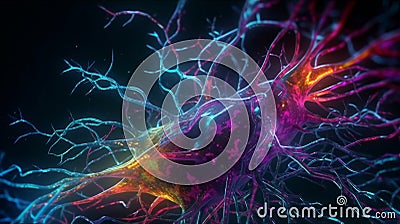 Connections explosion: brain neural network in 3D. Journey in 3D through the complexity of the neural network Stock Photo