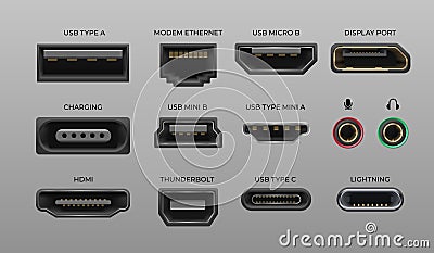 Connector and ports. USB type A and type C, video ports hand drawnMI DVI and Displayport, audio coaxial, thunderbolt and Vector Illustration