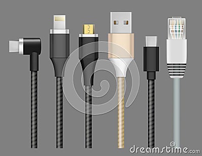Connector realistic. Cable plug for devices charging and connection mobile wire lightning usb type-c vector set Vector Illustration