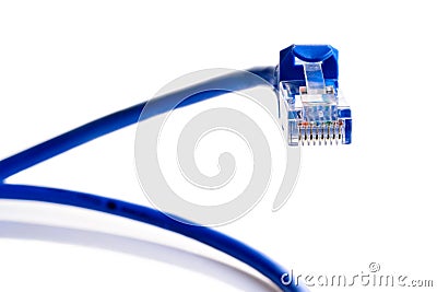 Connector rj-45 on blue patch cord for network LAN ethernet connection. Snake-shaped plug. Close-up macro isolated on white Stock Photo