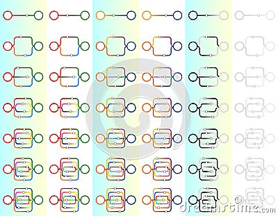 Connectors are created between two circular objects. The situation has several versions in color and with a background. Vector Illustration