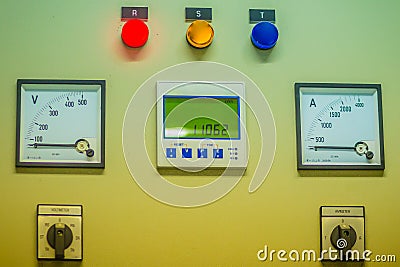Connectors in the electrical main distribution board unit ,circuit of control panel with selector switch ,automatic switch and Stock Photo