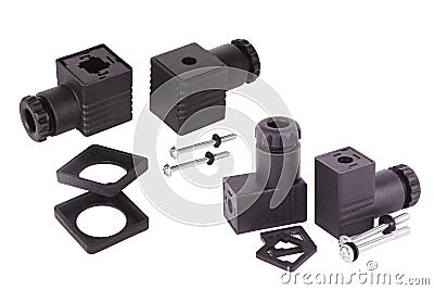 Connectors for solenoid valve and water meter. Spare parts for professional coffeee machines Stock Photo