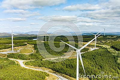 Connemara aerial landscape with wind turbines of Galway Wind Park located in Cloosh Valley, County Galway. Largest onshore wind Stock Photo