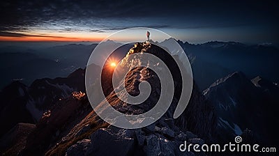 Conquer - Man climbs to the top of a mountain Stock Photo