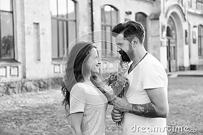 She conquered his heart. Couple in love happy celebrate anniversary. couple in love. happy valentines day. love and Stock Photo