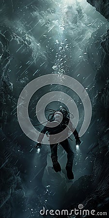 Conquering the Depths: A Thrilling Journey Through a Rainy, Trea Stock Photo