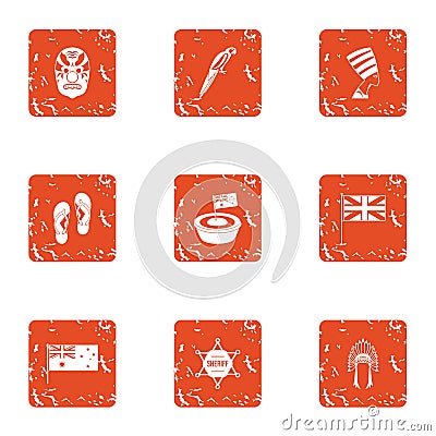 Conquest of america icons set, grunge style Vector Illustration