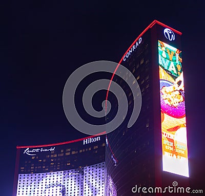 Conrad Las Vegas and Las Vegas Hilton at Resorts World at Night Editorial Stock Photo
