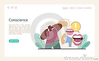 Conscience concept. Individual facing a call to conscience, represented by speech bubble. Vector Illustration