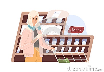 Conscious woman keeping to shopping list while buying food products in supermarket. Modern customer making purchases in Vector Illustration