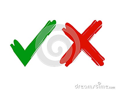 Consent sign and prohibition sign, checkmark, cross drawn with brush strokes, crosses x and ticks OK, set vector illustration Vector Illustration