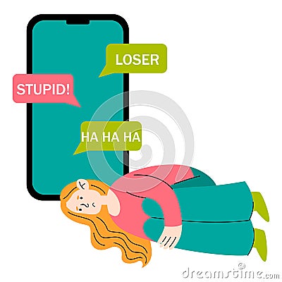 Consept cyberbullying. Sad girl with big phone. Offensive messages in social networks. Cancel culture. Vector Illustration