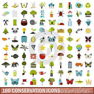 100 conservation icons set, flat style Vector Illustration