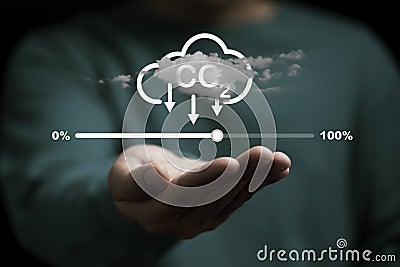 conservationist hold reduction carbon icon with cloud sky and loading bar for zero carbon emission from Kyoto protocol , carbon Stock Photo