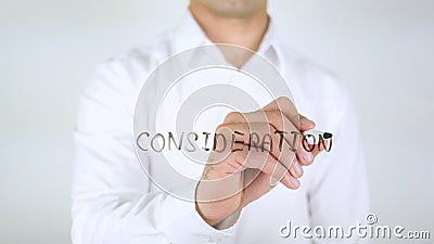 Consideration, Man Writing on Glass, Handwritten Stock Photo