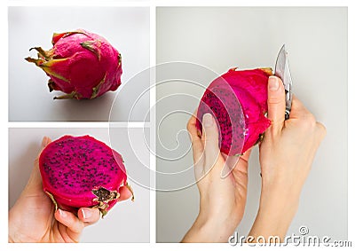 Consistent process of peeling exotic Dragon fruit isolated on grey background. Stock Photo