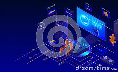 Console gaming set. Isometric desktop computer monitor, game controller. Play station gamer accessories, vector. Vector Illustration