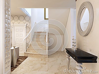 Console with mirror on the wall in the area of the stairs. Stock Photo