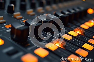 A console with volume control panel sound mixer, equalizer Stock Photo