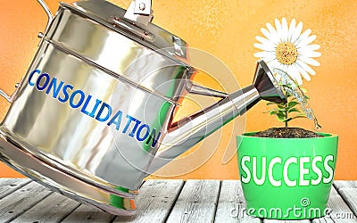 Consolidation helps achieve success - pictured as word Consolidation on a watering can to show that it makes success to grow and Cartoon Illustration