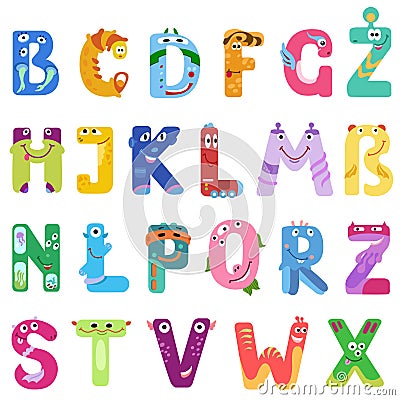 Consonants of the Latin alphabet like different monsters Vector Illustration