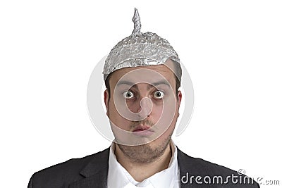 Conspiracy Freak with aluminum foil head Stock Photo
