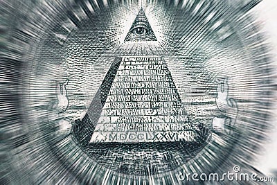 Conspiracy theory concept. All Seeing Eye and Pyramid on USA dollar banknote, macro photo Stock Photo