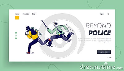 Constable Character Pursuit and Fight with Criminal Landing Page Template. Police Officer at Work Catching Masked Robber Vector Illustration