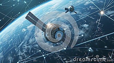 Constellation of satellites orbits Earth, forming global network for communication and navigation Stock Photo