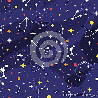 Constellation seamless pattern. Space background. Galaxy print. Space pattern with stars, milky way, constellations Vector Illustration