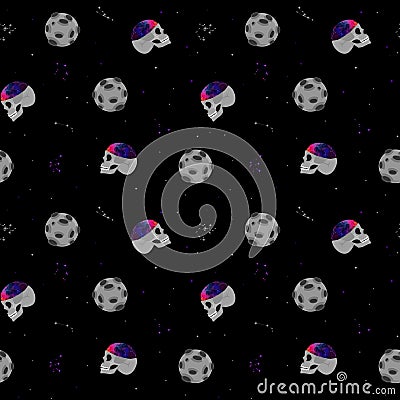 Constellations and skulls with space instead of a brain on a black background. Stock Photo