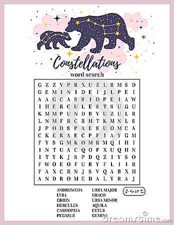 Constellations word search puzzle. Educational logic game. Printable worksheet for learning English words about space. Vector Illustration