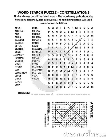 Constellations word search puzzle Vector Illustration